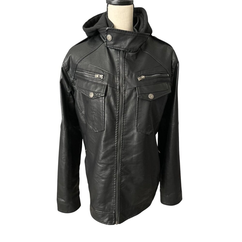 NWT Black Leather Hooded Jacket Sherpa Lined Zip Front & Snap Pockets Size XL